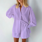 Damen Zweiteiler | Bluse mit Puffärmeln und Shorts | Reguläre Passform aus Baumwolle für Alltag und Freizeit | Schmid