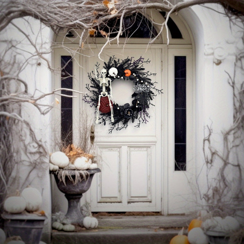 Halloween Kranz aus Kunststoff | Hängendes Skelett- und Kürbisdesign | Tür- & Wanddekoration für Innen und Überdachte Außenbereiche | Schmid