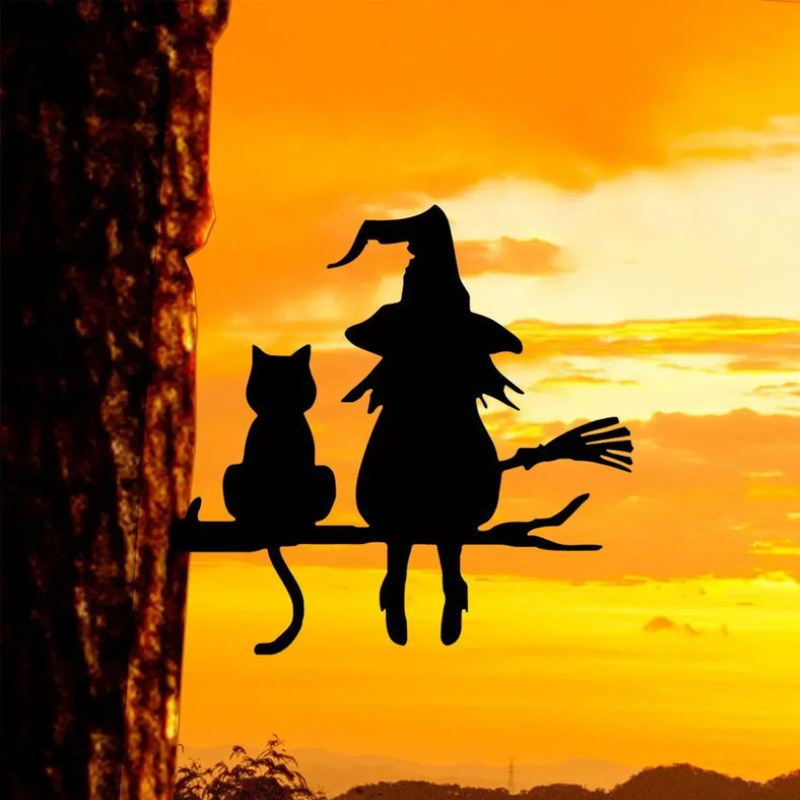 Hexe und Katze Garten Silhouette aus Eisen | 20 × 25 cm Bodenstecker | Halloween Außendekoration für Garten & Rasen | Schmid