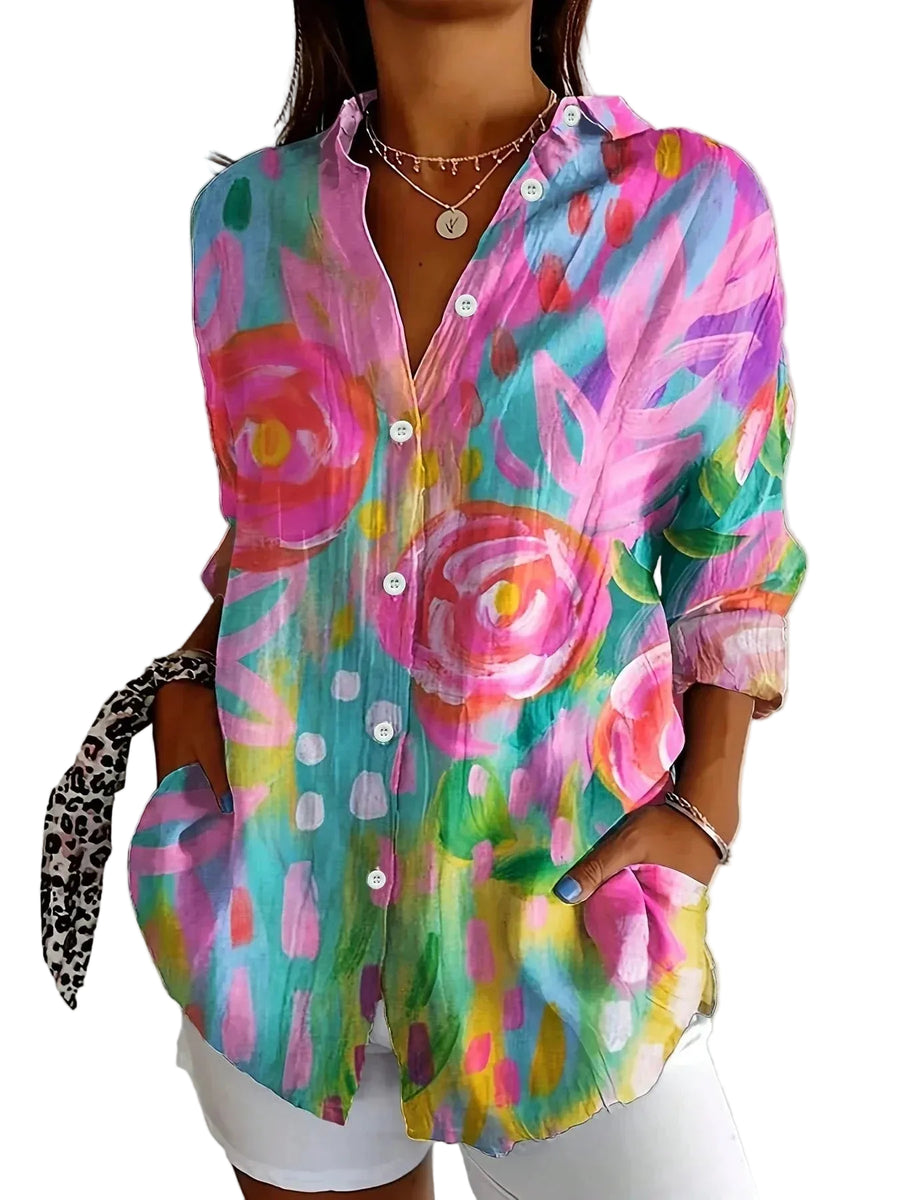 Blumige - Bluse Leichte Bluse mit Knopfleiste und Kragen