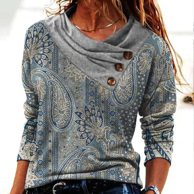 Damen Langarm‑Pullover | Boho‑Paisley‑Muster und Schalkragen