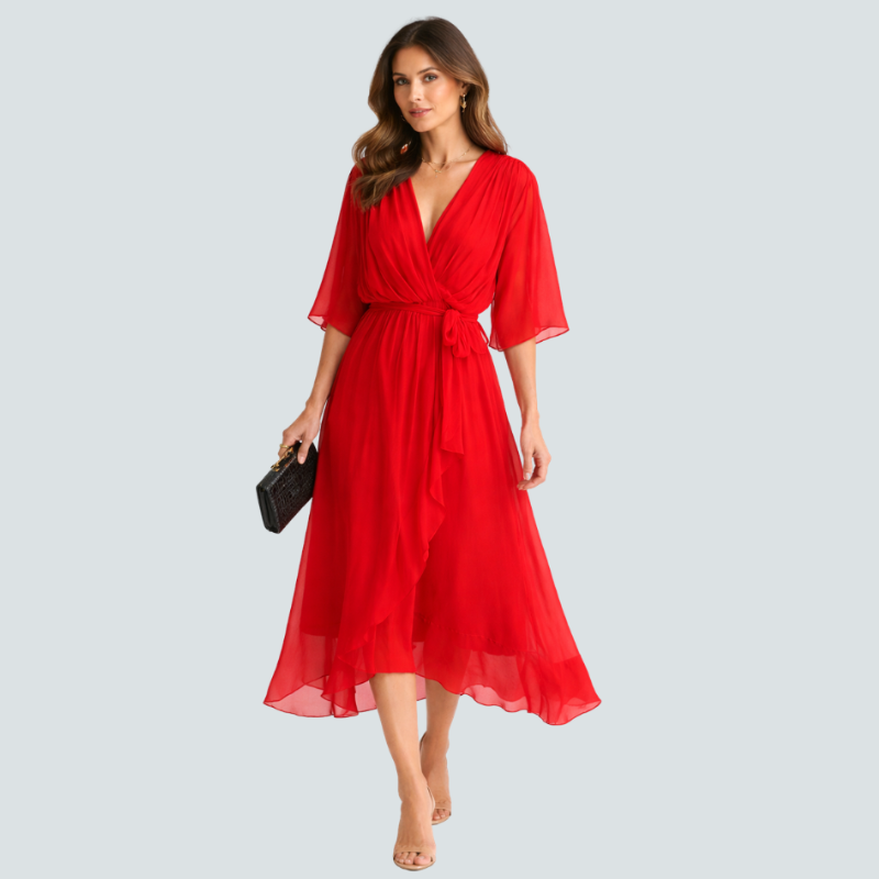 Damen Midikleid | Midikleid mit V-Ausschnitt und Fledermausärmeln | Reguläre Passform für Alltag und Besondere Anlässe | Schmid