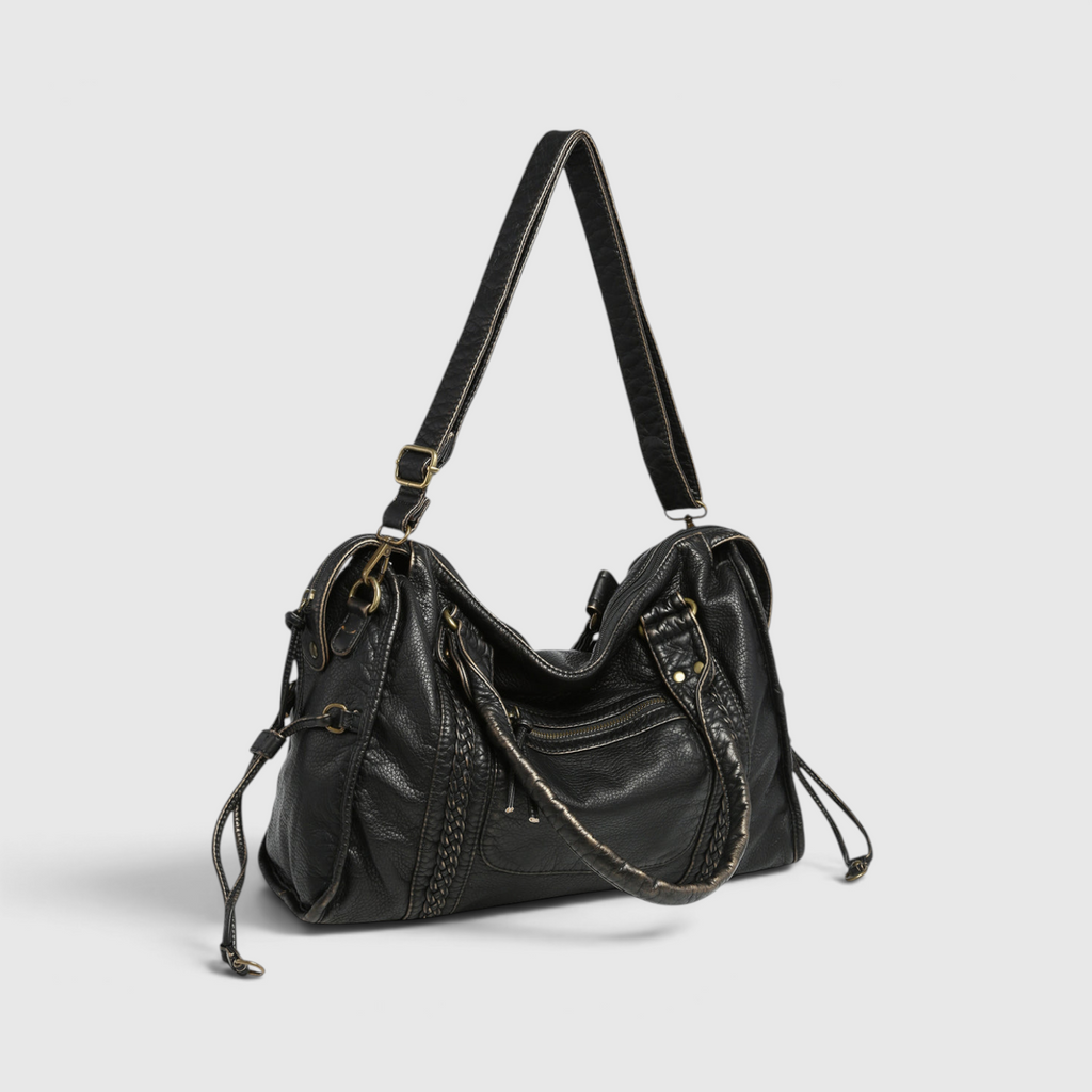 Schwarze Damen-Schultertasche | Kunstleder mit Reißverschlussfach Vorne | Doppelhenkel & Langer Schulterriemen für den Alltag | Schmid