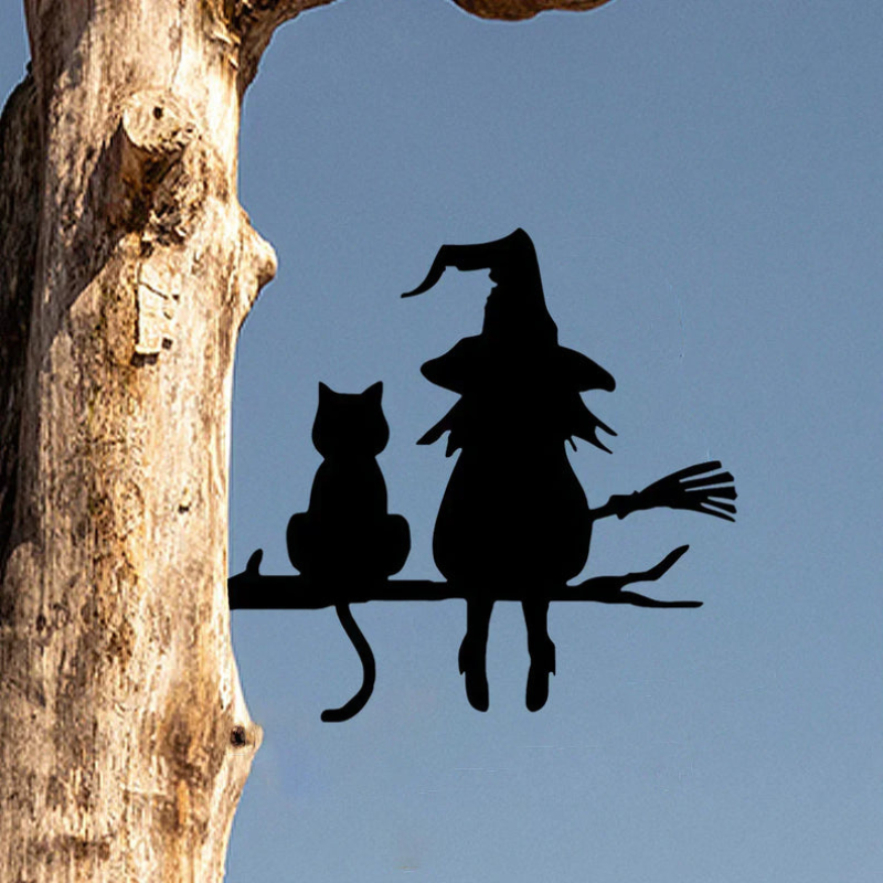Hexe und Katze Garten Silhouette aus Eisen | 20 × 25 cm Bodenstecker | Halloween Außendekoration für Garten & Rasen | Schmid