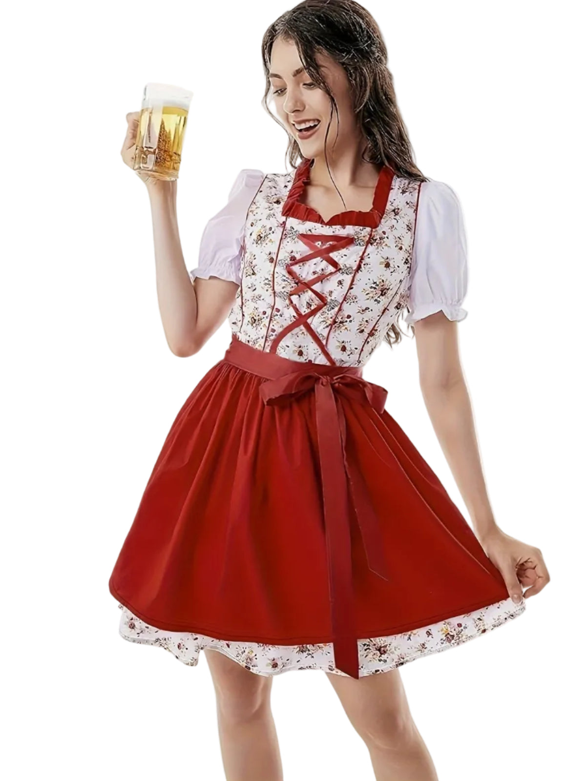 Damen Dirndl Kleid aus Textilmaterial | Normale Passform Trachtenkleid | Bestickte Schürze mit Schnürung für Oktoberfest | Schmid