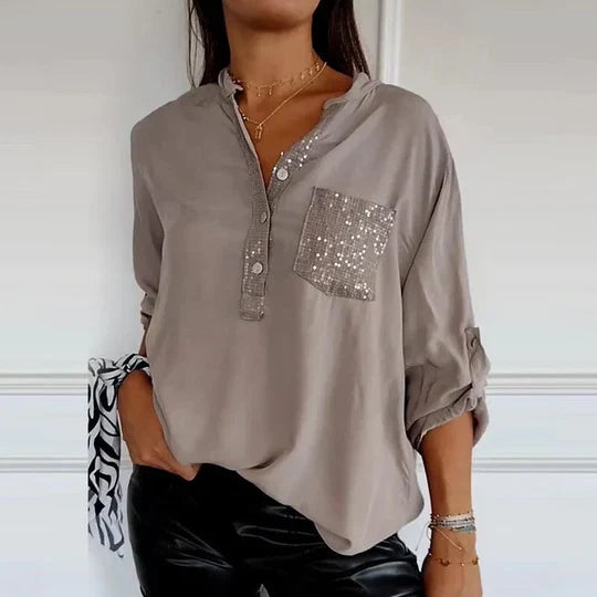 Damen Patchwork Oberteil aus Polyester | Stehkragen mit Dreiviertelärmeln | Freizeit Pullover mit Pailletten Details | Schmid