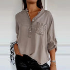 Damen Patchwork Oberteil aus Polyester | Stehkragen mit Dreiviertelärmeln | Freizeit Pullover mit Pailletten Details | Schmid