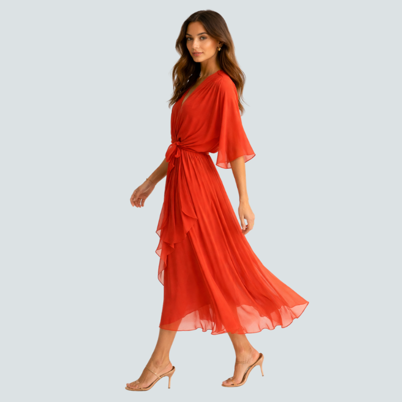 Damen Midikleid | Midikleid mit V-Ausschnitt und Fledermausärmeln | Reguläre Passform für Alltag und Besondere Anlässe | Schmid