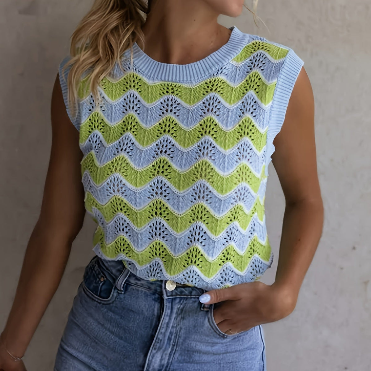 Damen Sommertop I Stricklook | Ärmelloses Rundhalstop I Acrylmix | Alltagsgebrauch | Schmid
