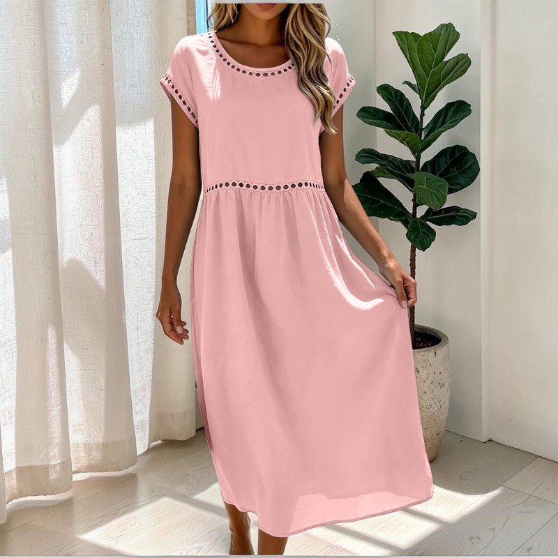 Damen Maxikleid | Kurzarm Maxikleid mit Rundhalsausschnitt | Reguläre Passform Baumwollkleid | Schmid