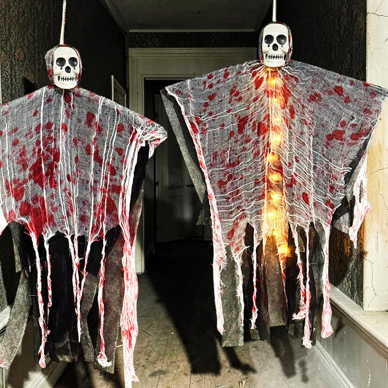 Halloween Hängende Schädel Geist Dekoration | Kunststoff Dekoration mit Leuchteffekt | Saisonale Innendekoration | Schmid