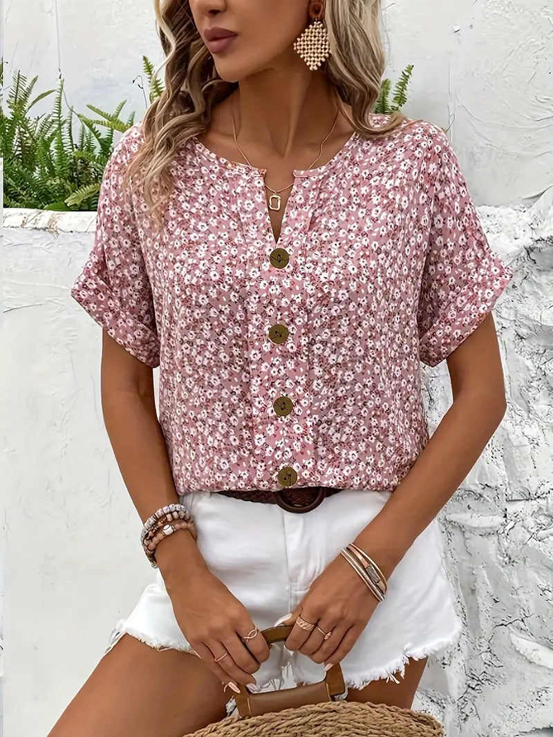 Lillie Buttonfront Sommer-Top – Damen Kurzarm Top mit Blumenprint