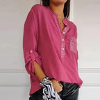 Damen Patchwork Oberteil aus Polyester | Stehkragen mit Dreiviertelärmeln | Freizeit Pullover mit Pailletten Details | Schmid