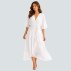 Damen Midikleid | Midikleid mit V-Ausschnitt und Fledermausärmeln | Reguläre Passform für Alltag und Besondere Anlässe | Schmid