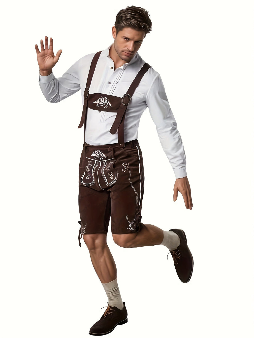 Herren Lederhosen aus Textilmaterial | Trachtenshorts mit Verstellbaren Trägern und Stickerei | Oktoberfest Bekleidung | Schmid