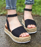 Damen Sommerschuhe Mit Plateau – Sandalen Aus Kunstvelours Mit Verstellbaren Knöchelriemen