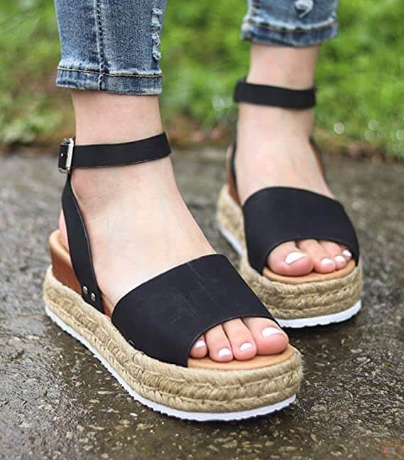 Damen Sommerschuhe Mit Plateau – Sandalen Aus Kunstvelours Mit Verstellbaren Knöchelriemen