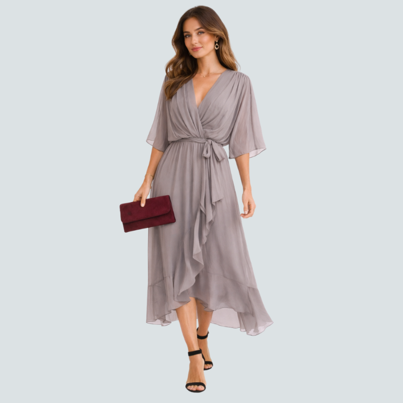 Damen Midikleid | Midikleid mit V-Ausschnitt und Fledermausärmeln | Reguläre Passform für Alltag und Besondere Anlässe | Schmid