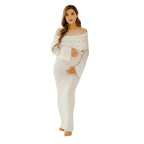 Schwangerschafts Maxikleid | Off-Shoulder Maxikleid mit Langen Ärmeln | Reguläre Passform für Alltag und Besondere Anlässe | Schmid