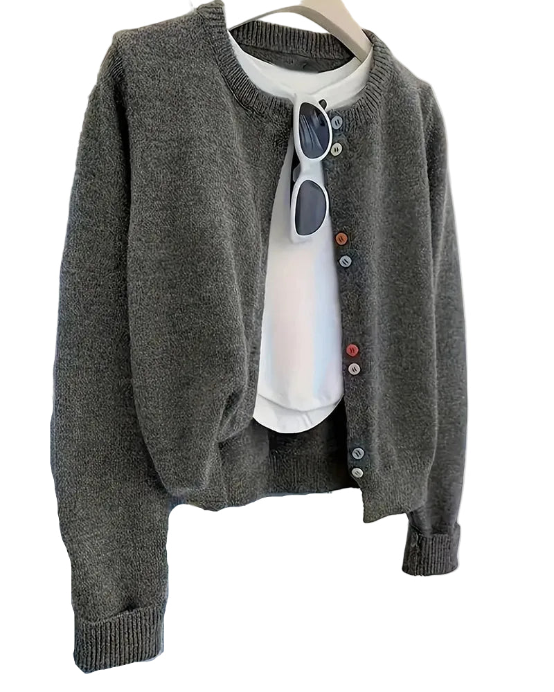 Damen Strickjacke – Langarm, einfarbig, Knopfverschluss
