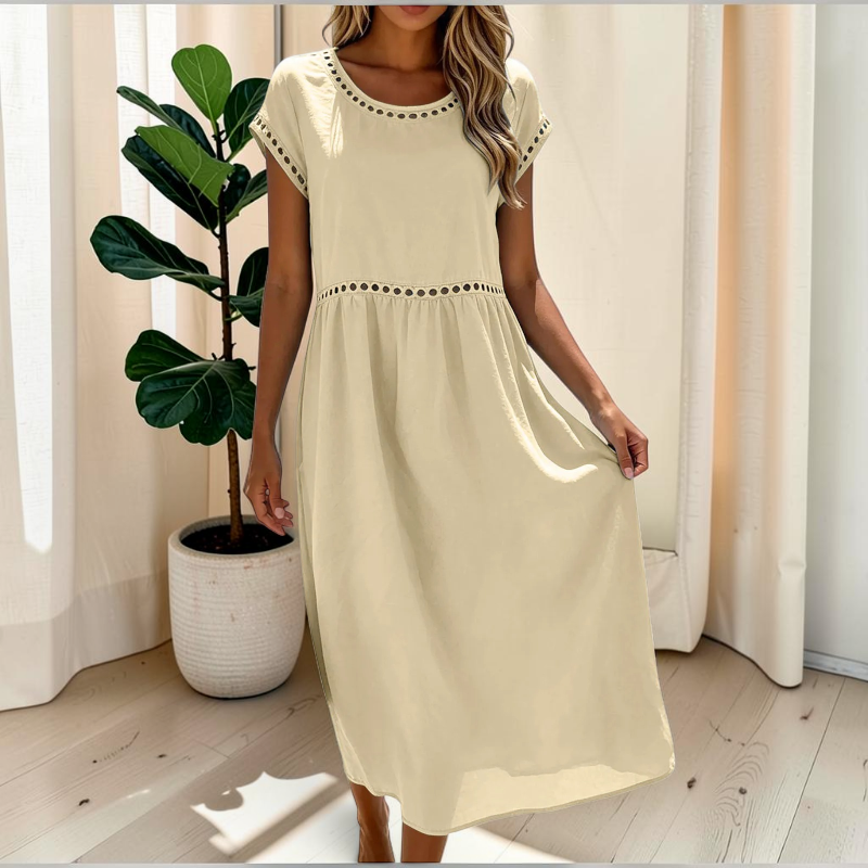 Damen Maxikleid | Kurzarm Maxikleid mit Rundhalsausschnitt | Reguläre Passform Baumwollkleid | Schmid