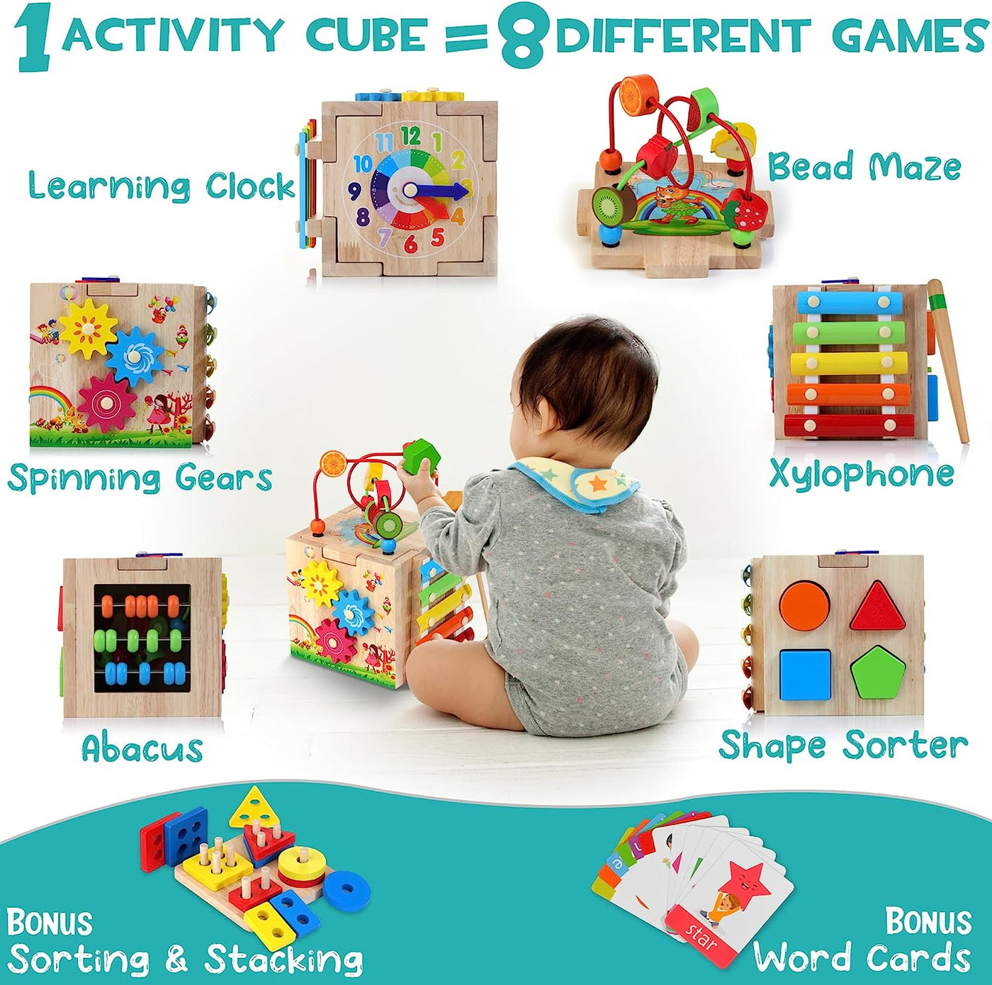 Educube 8-in-1 | montessori lernspielzeug aus holz für kleinkinder ab 18 monaten