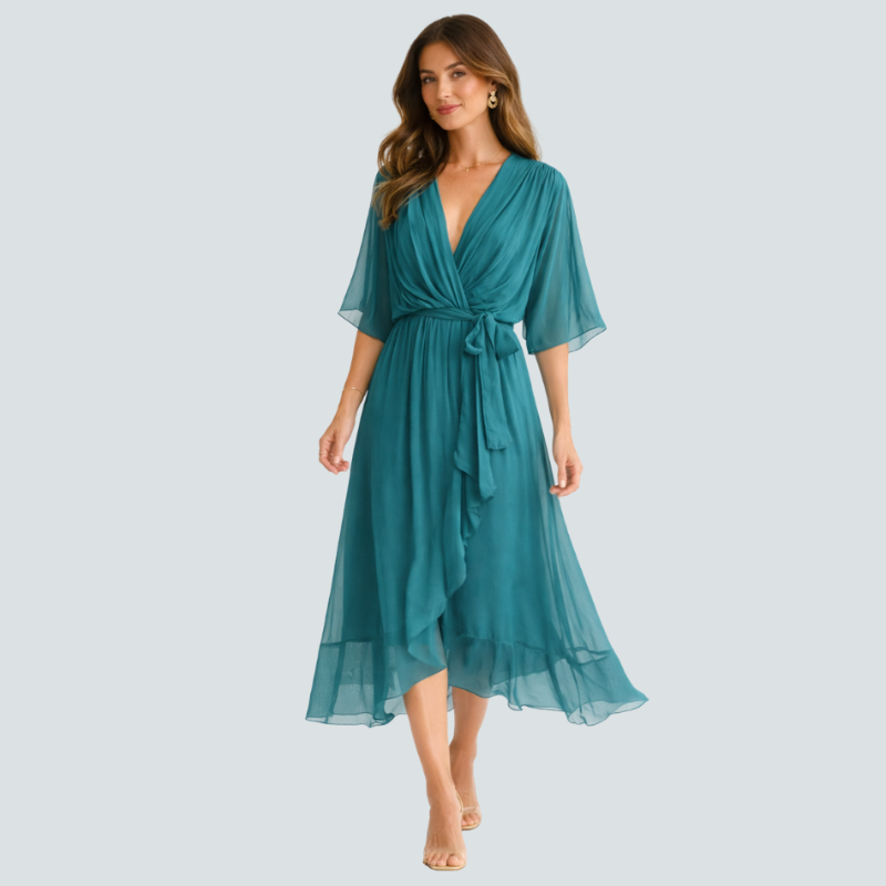 Damen Midikleid | Midikleid mit V-Ausschnitt und Fledermausärmeln | Reguläre Passform für Alltag und Besondere Anlässe | Schmid