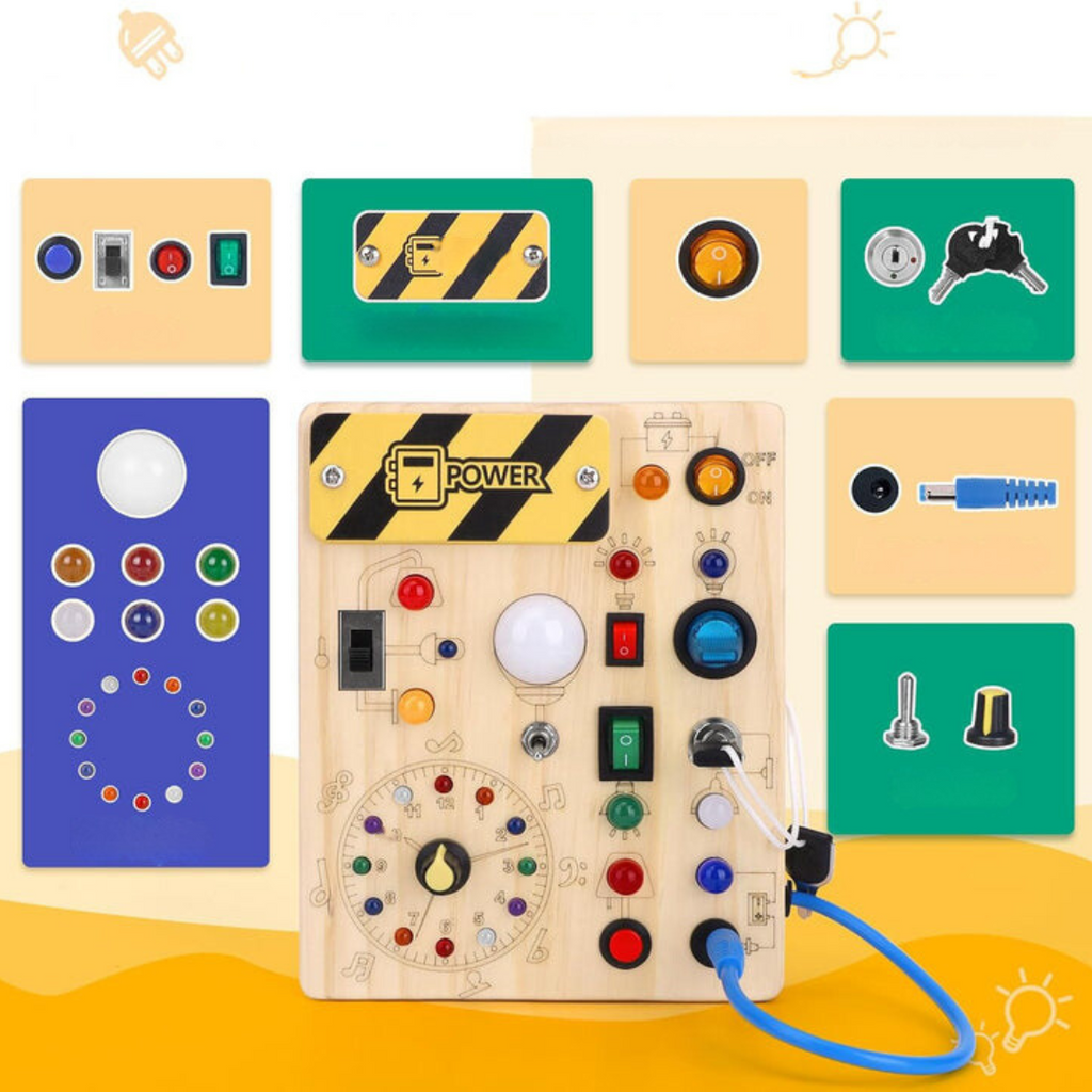 Montessori | Holz Aktivitätsbrett Mit 8 LED-Kontakten – Sinnes- Und Reisespielzeug För Barn