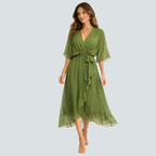 Damen Midikleid | Midikleid mit V-Ausschnitt und Fledermausärmeln | Reguläre Passform für Alltag und Besondere Anlässe | Schmid