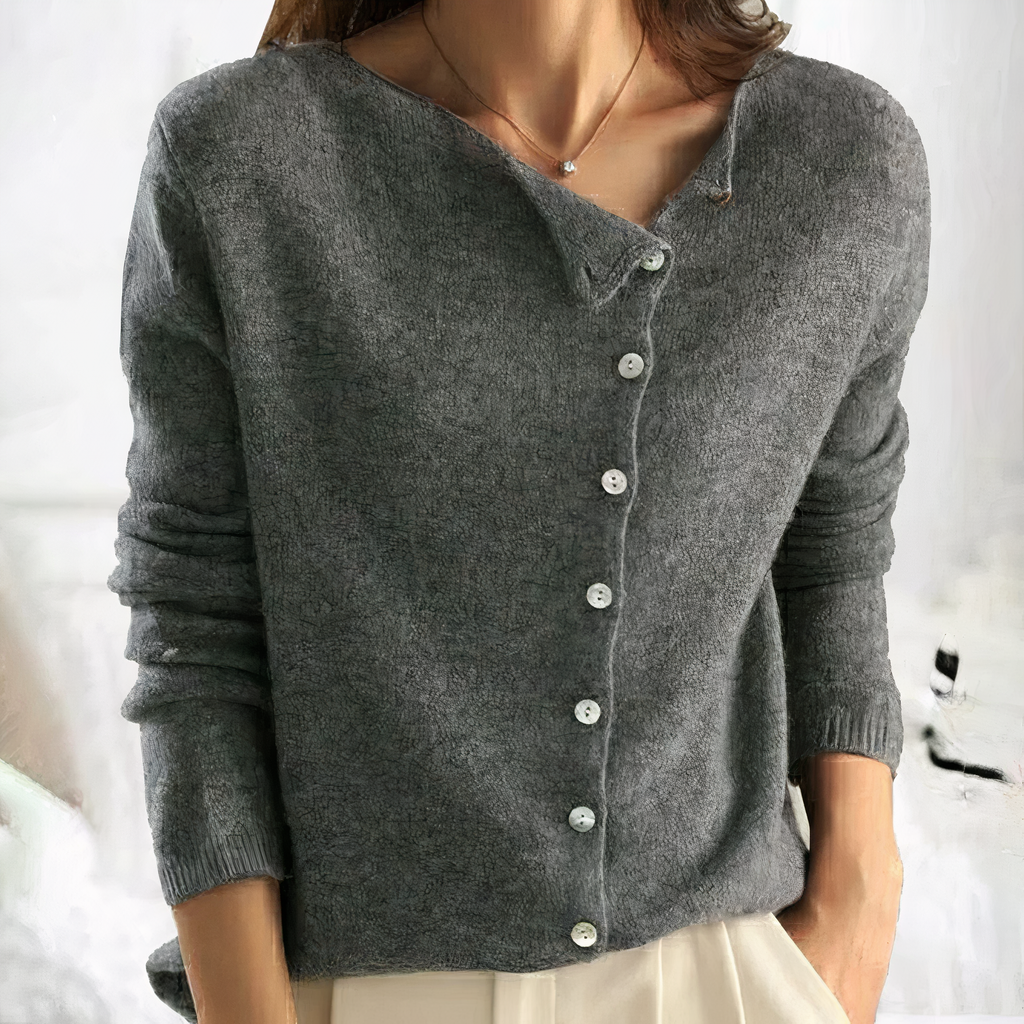 Damen Strickpullover – Asymmetrische Knopfleiste Und Lange Ärmel