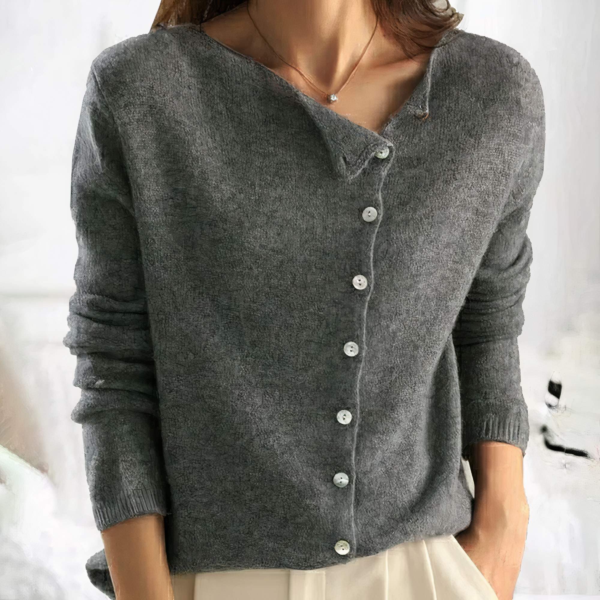 Damen Strickpullover – Asymmetrische Knopfleiste Und Lange Ärmel