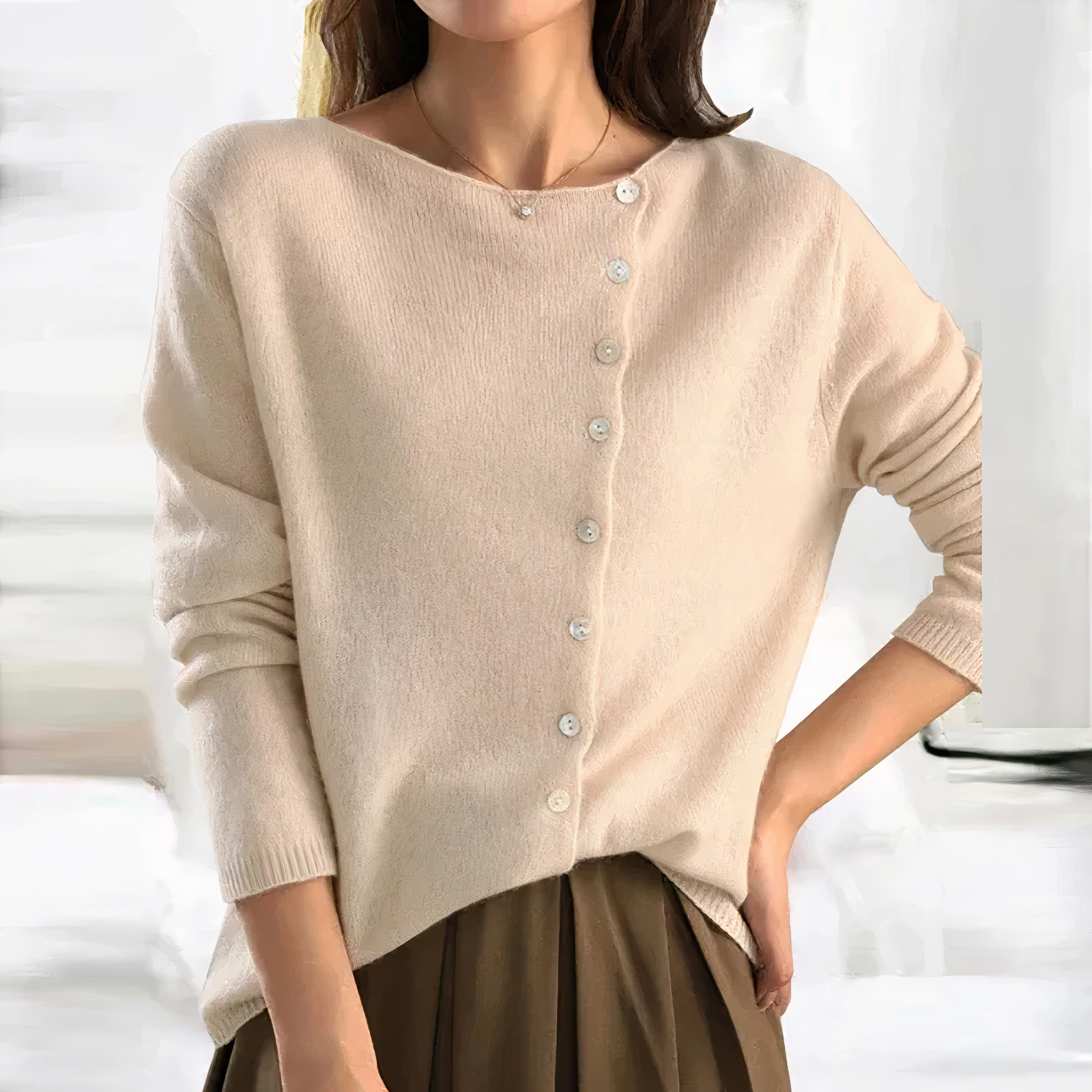 Damen Strickpullover – Asymmetrische Knopfleiste Und Lange Ärmel