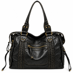 Schwarze Damen-Schultertasche | Kunstleder mit Reißverschlussfach Vorne | Doppelhenkel & Langer Schulterriemen für den Alltag | Schmid