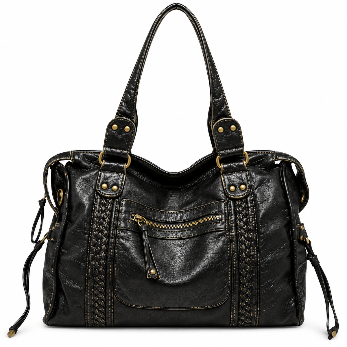 Schwarze Damen-Schultertasche | Kunstleder mit Reißverschlussfach Vorne | Doppelhenkel & Langer Schulterriemen für den Alltag | Schmid