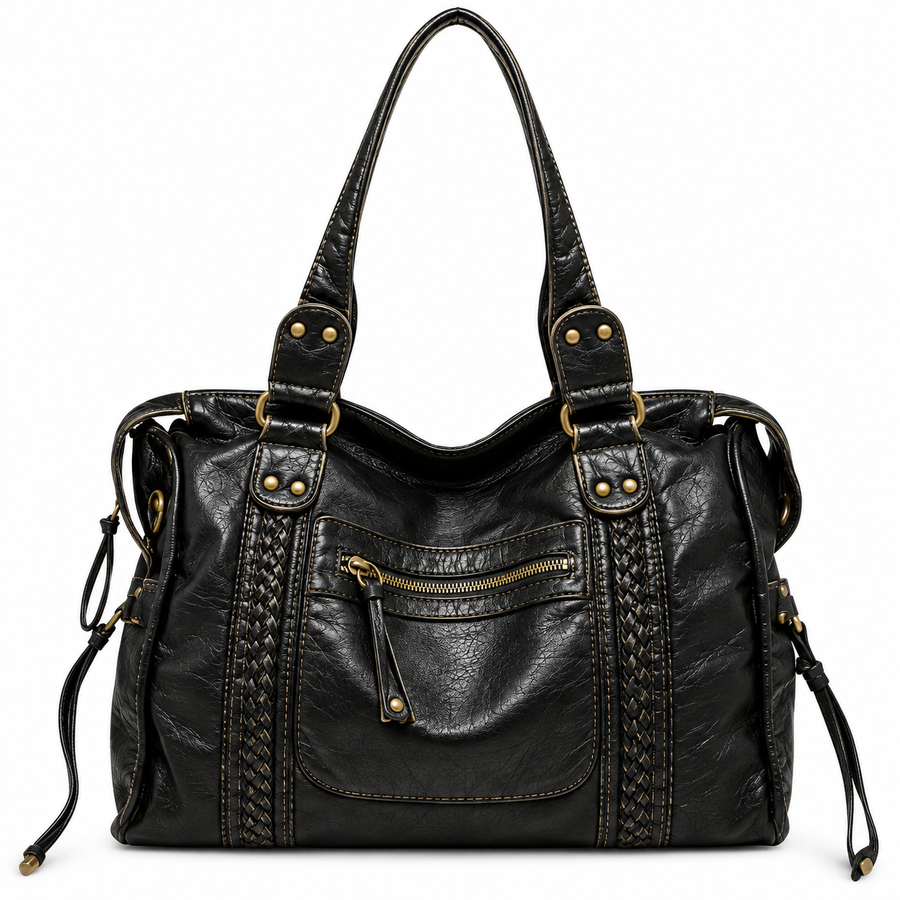 Schwarze Damen-Schultertasche | Kunstleder mit Reißverschlussfach Vorne | Doppelhenkel & Langer Schulterriemen für den Alltag | Schmid