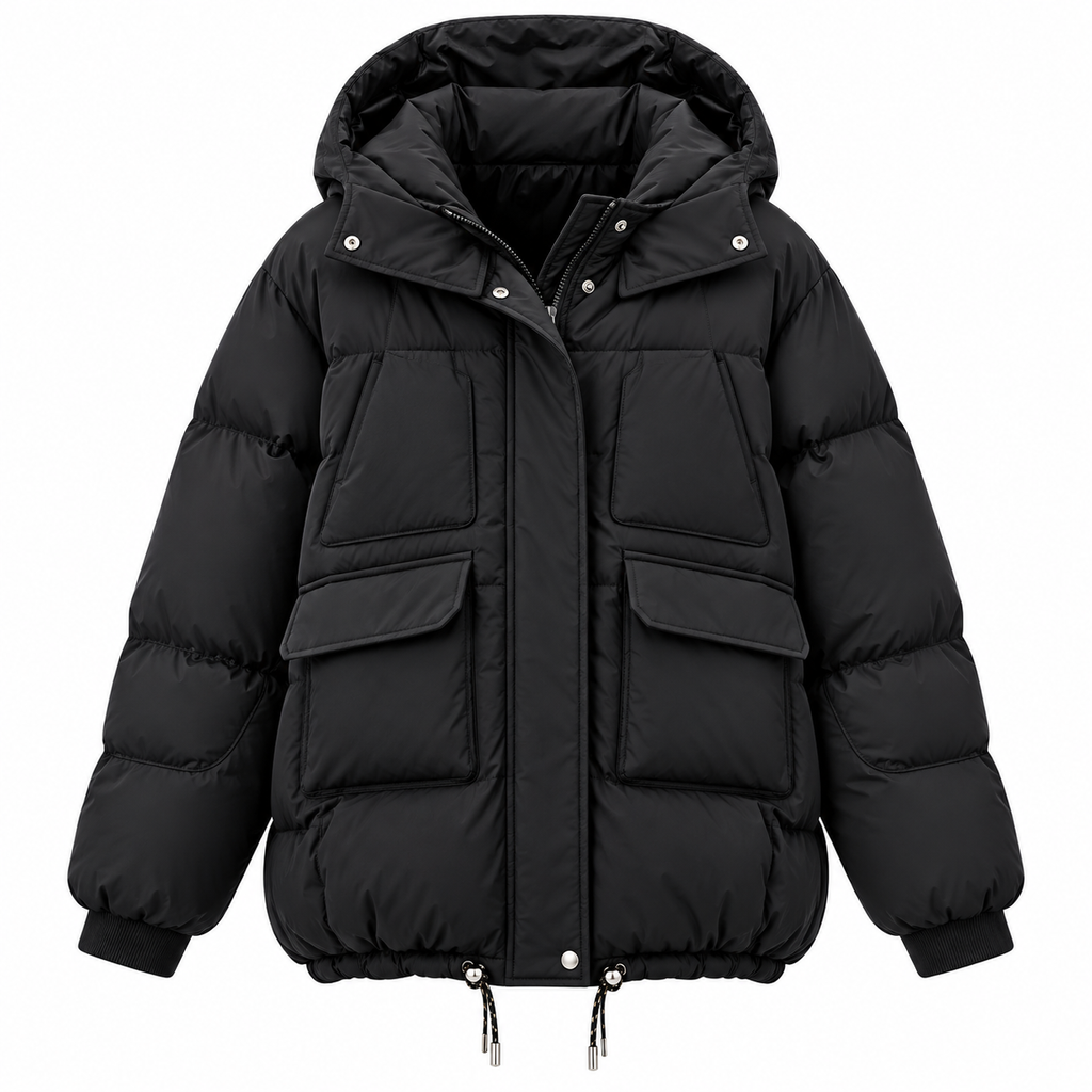 Damen Pufferjacke mit Kapuze | Polyester mit Oversized-Passform & Großen Fronttaschen | Verstellbarer Kordelzugsaum zum Schichten | Schmid