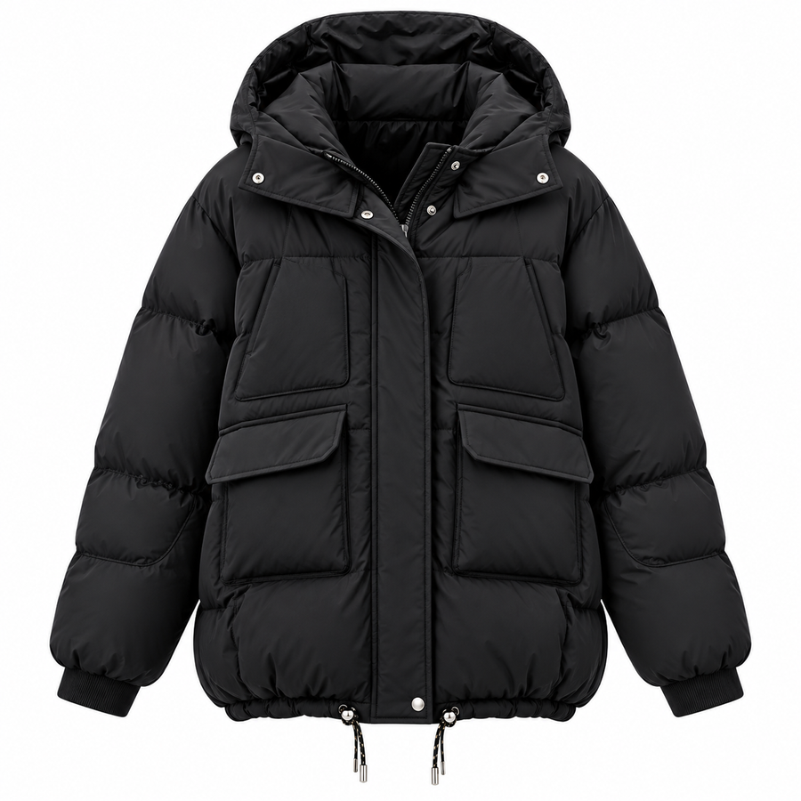 Damen Pufferjacke mit Kapuze | Polyester mit Oversized-Passform & Großen Fronttaschen | Verstellbarer Kordelzugsaum zum Schichten | Schmid