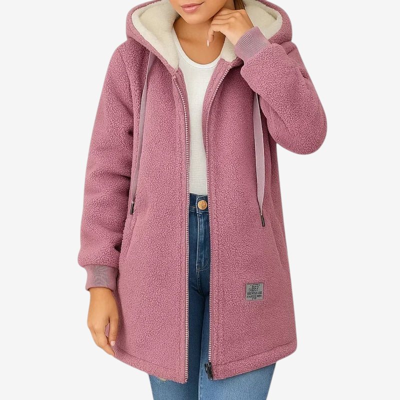 Damen Lange Fleecejacke | Gefütterte Kapuze mit Kordelzug & Frontreißverschluss | Strukturierte Freizeitjacke mit Taschen | Schmid