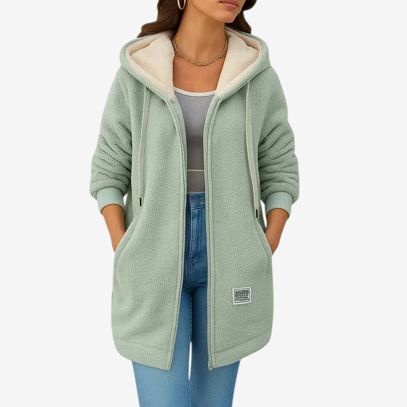 Damen Lange Fleecejacke | Gefütterte Kapuze mit Kordelzug & Frontreißverschluss | Strukturierte Freizeitjacke mit Taschen | Schmid