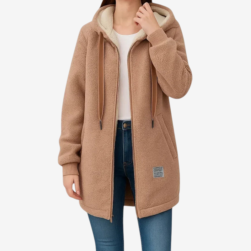 Damen Lange Fleecejacke | Gefütterte Kapuze mit Kordelzug & Frontreißverschluss | Strukturierte Freizeitjacke mit Taschen | Schmid