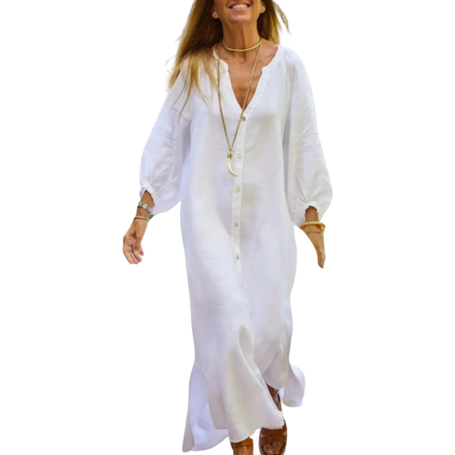 Damen Lange Sommerkleid Aus Baumwolle Und Leinen | Lockeres Kleid Für Warme Tage | Alltagsnutzung | Schmid