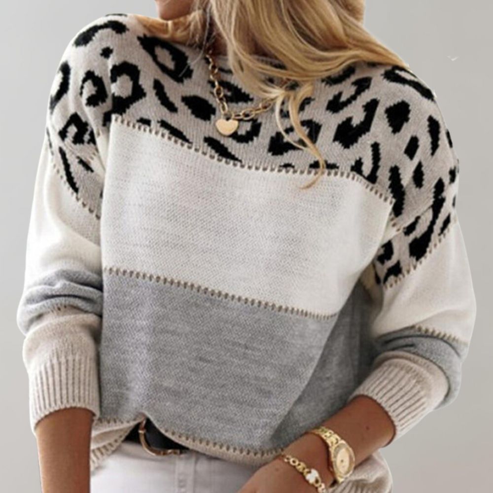 Celeste | Eleganter Rundhals-Pullover Mit Leopardenmuster