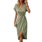 Damen Midi Kleid aus Polyester | V Ausschnitt Kleid mit Twist Front und Kurzarm | Alltag und Verschiedene Anlässe | Schmid