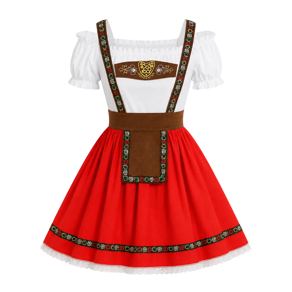 Damen Dirndl-Kleid aus Polyester | Carmen-Ausschnitt & Puffärmel | Spitzen- & Goldfarbene Details für Oktoberfest & Themenpartys | Schmid