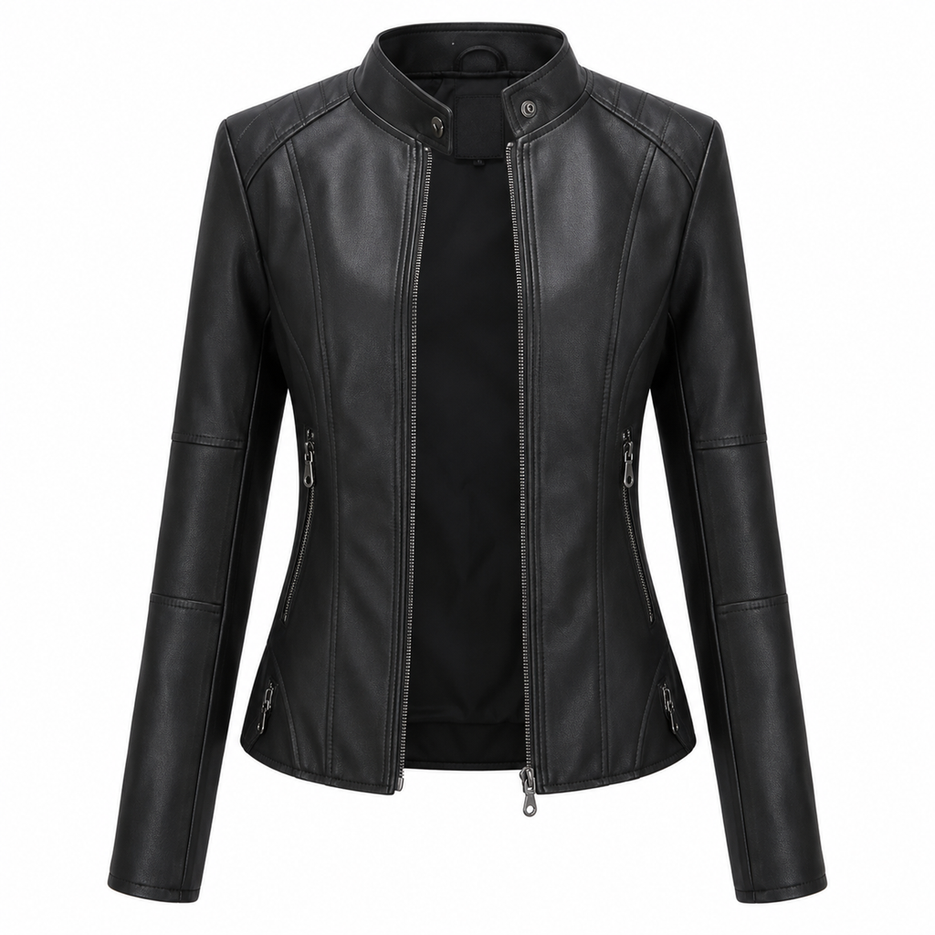Damen Bikerjacke aus PU-Leder | Stehkragen & Reißverschluss Vorne | Baumwollgefütterte Motojacke für den Winteralltag | Schmid