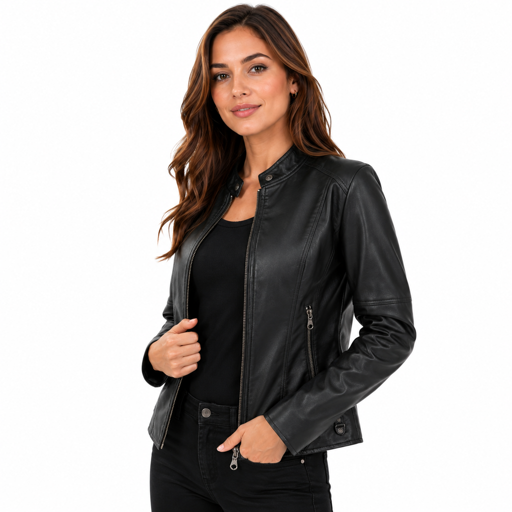 Damen Bikerjacke aus PU-Leder | Stehkragen & Reißverschluss Vorne | Baumwollgefütterte Motojacke für den Winteralltag | Schmid