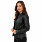 Damen Bikerjacke aus PU-Leder | Stehkragen & Reißverschluss Vorne | Baumwollgefütterte Motojacke für den Winteralltag | Schmid