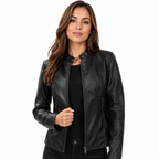 Damen Bikerjacke aus PU-Leder | Stehkragen & Reißverschluss Vorne | Baumwollgefütterte Motojacke für den Winteralltag | Schmid