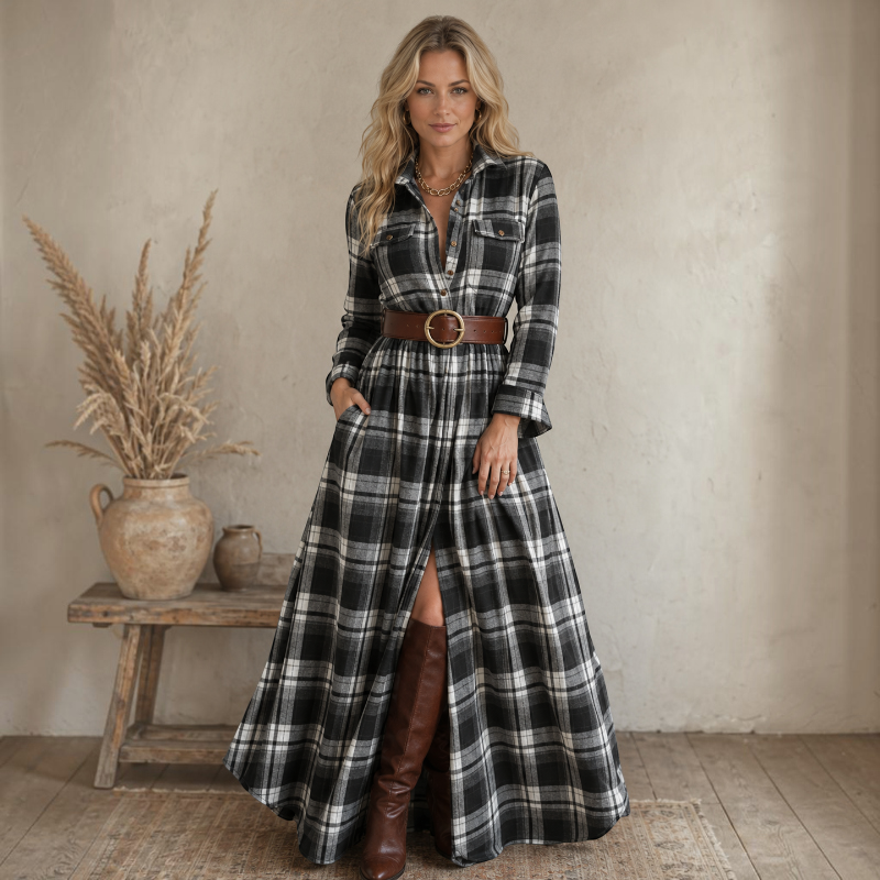Damen Hemdblusenkleid aus Polyester | Langarm Kleid mit Umgeschlagenem Kragen und Knopfleiste | Alltag und Freizeit | Schmid