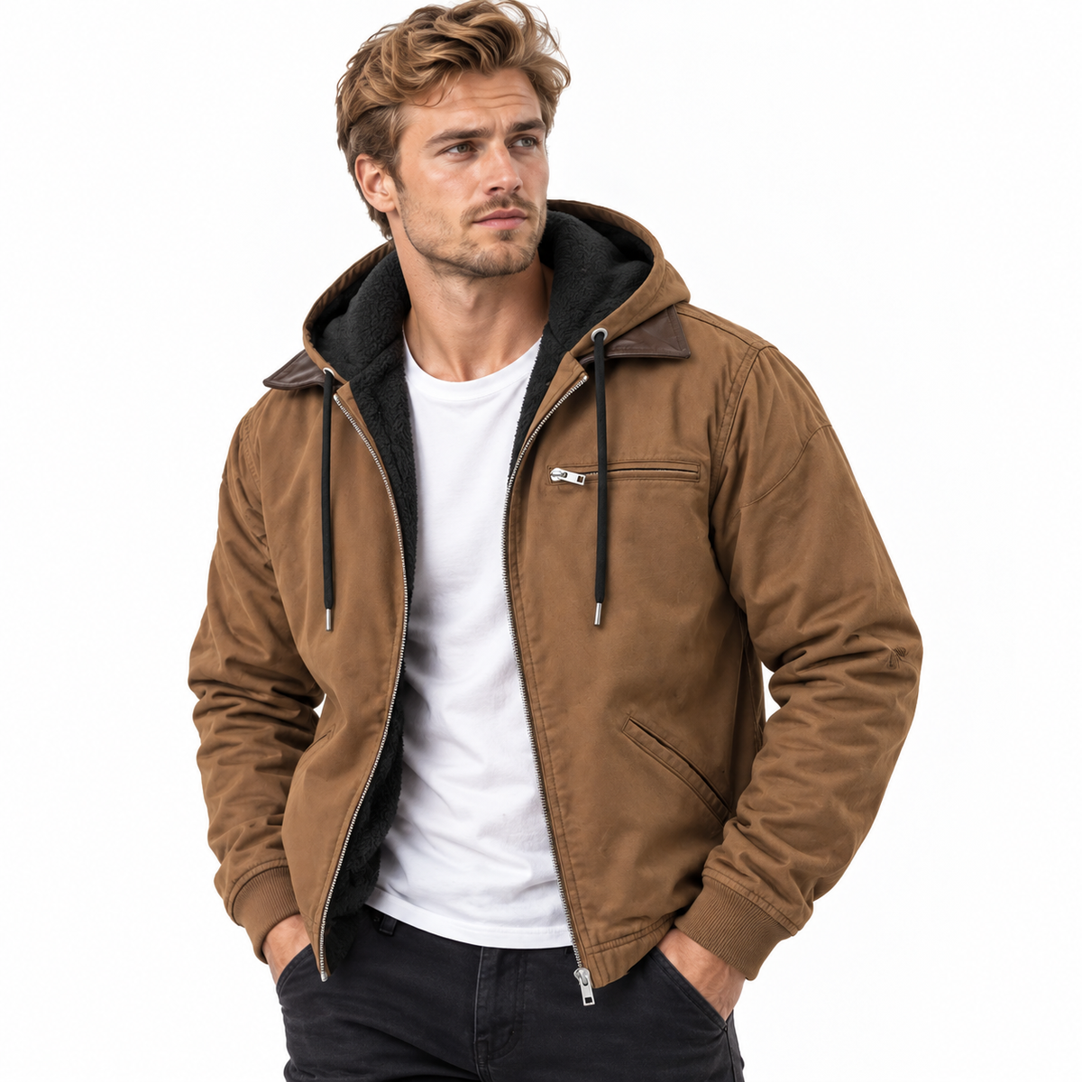 Herren Lange PU-Hoodiejacke | Baumwollfutter & Reißverschluss Vorne | Einfarbige Longline-Jacke für Alltag & Kühles Wetter | Schmid